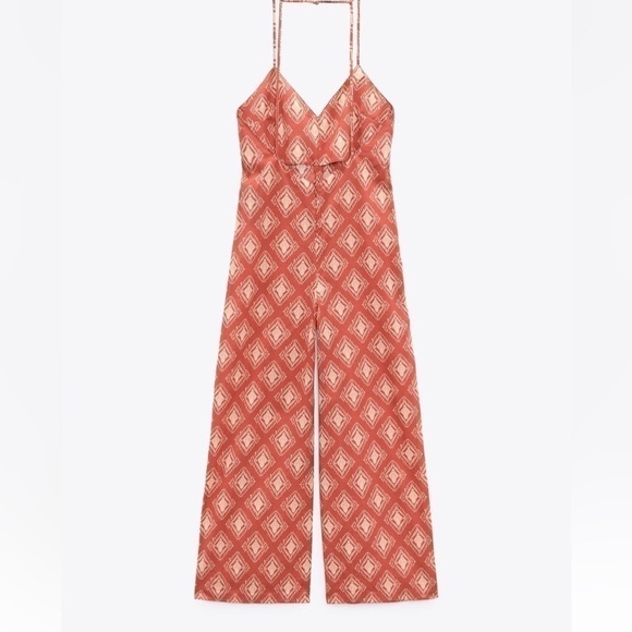 Zara LONG PRINT JUMPSUIT TERRACOTTA SZ US XL - Picture 6 of 11
